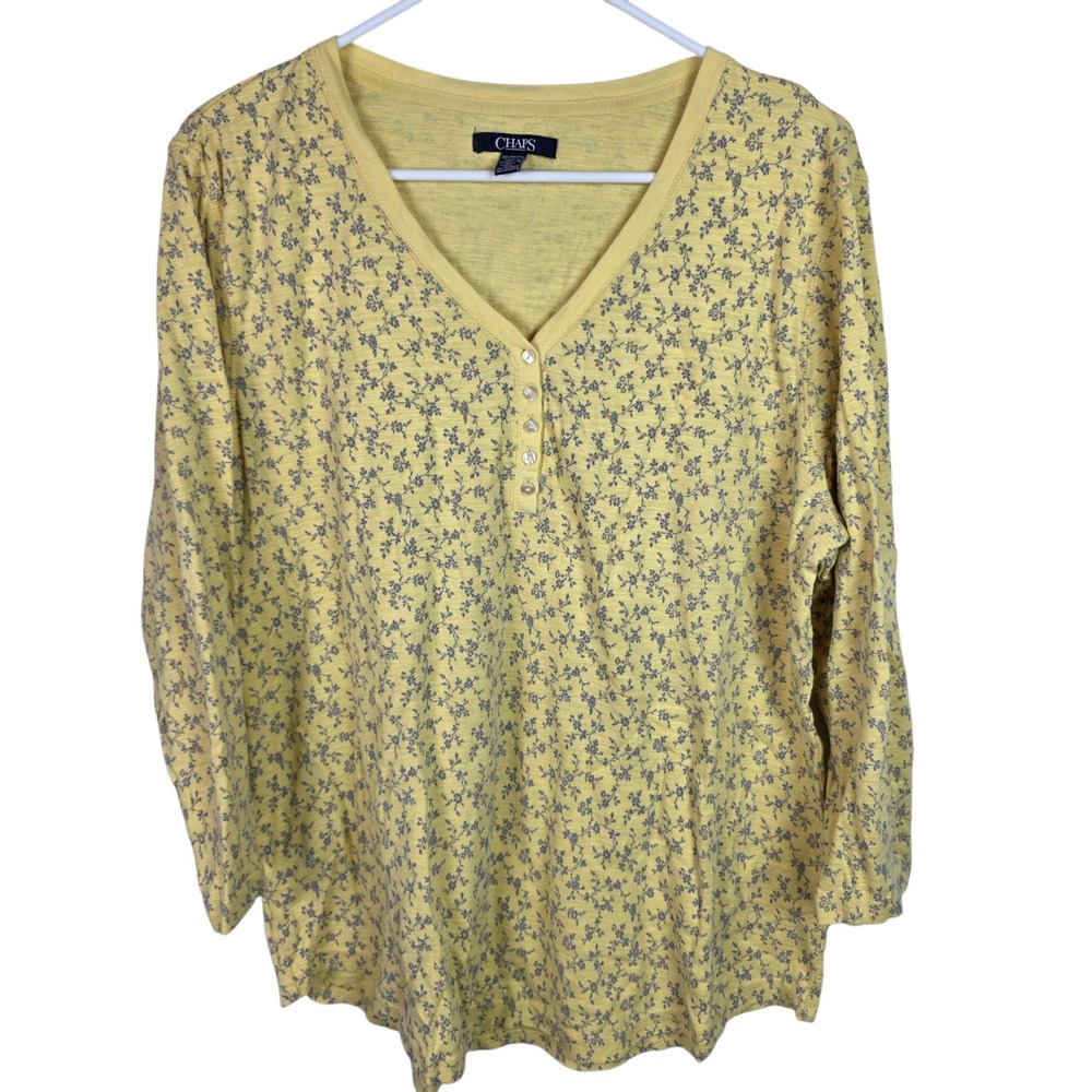 Chaps Henley Top Womens XXL Yellow Good Floral Cotton Slub V-Neck Long Sleeve